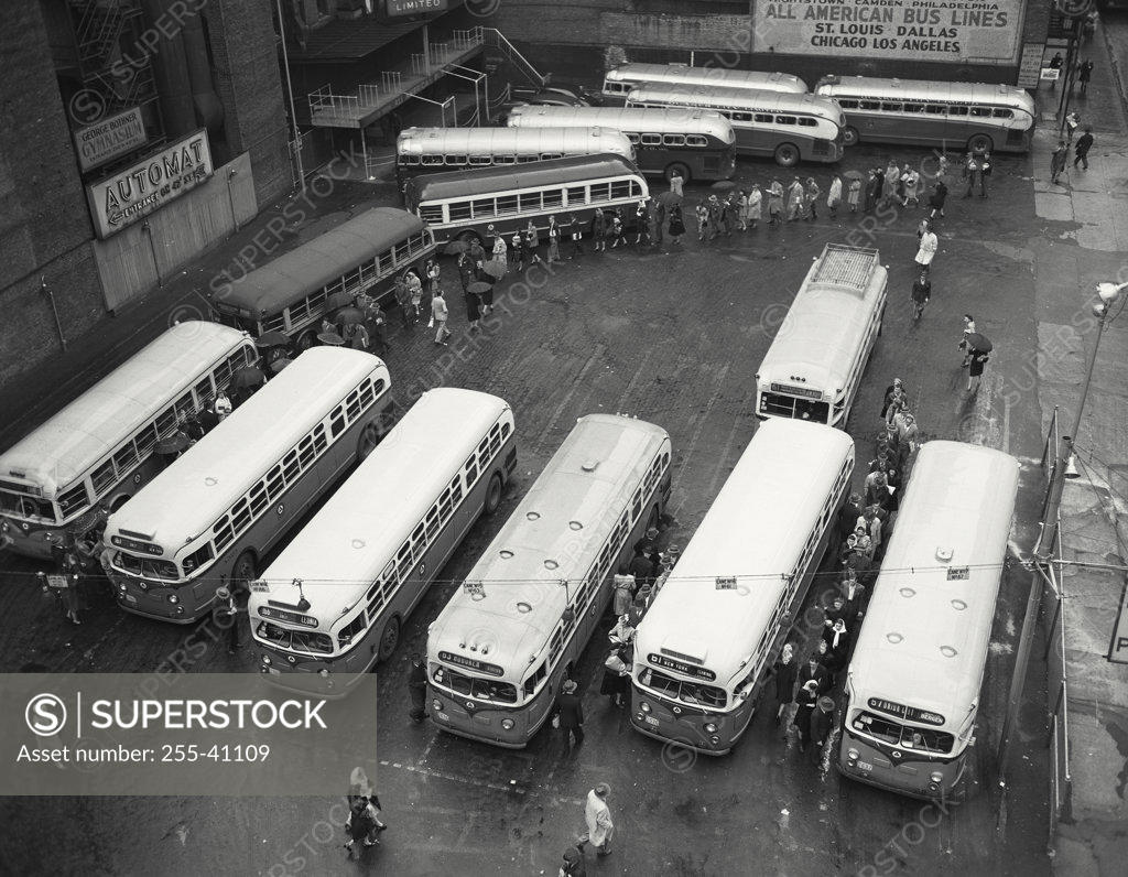 Stock Photo: 255-41109 High angle view of buses parked in a bus station, New York City, New York, USA