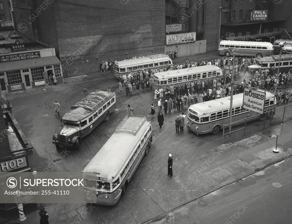 Stock Photo: 255-41110 High angle view of buses parked in a bus station, New York City, New York, USA