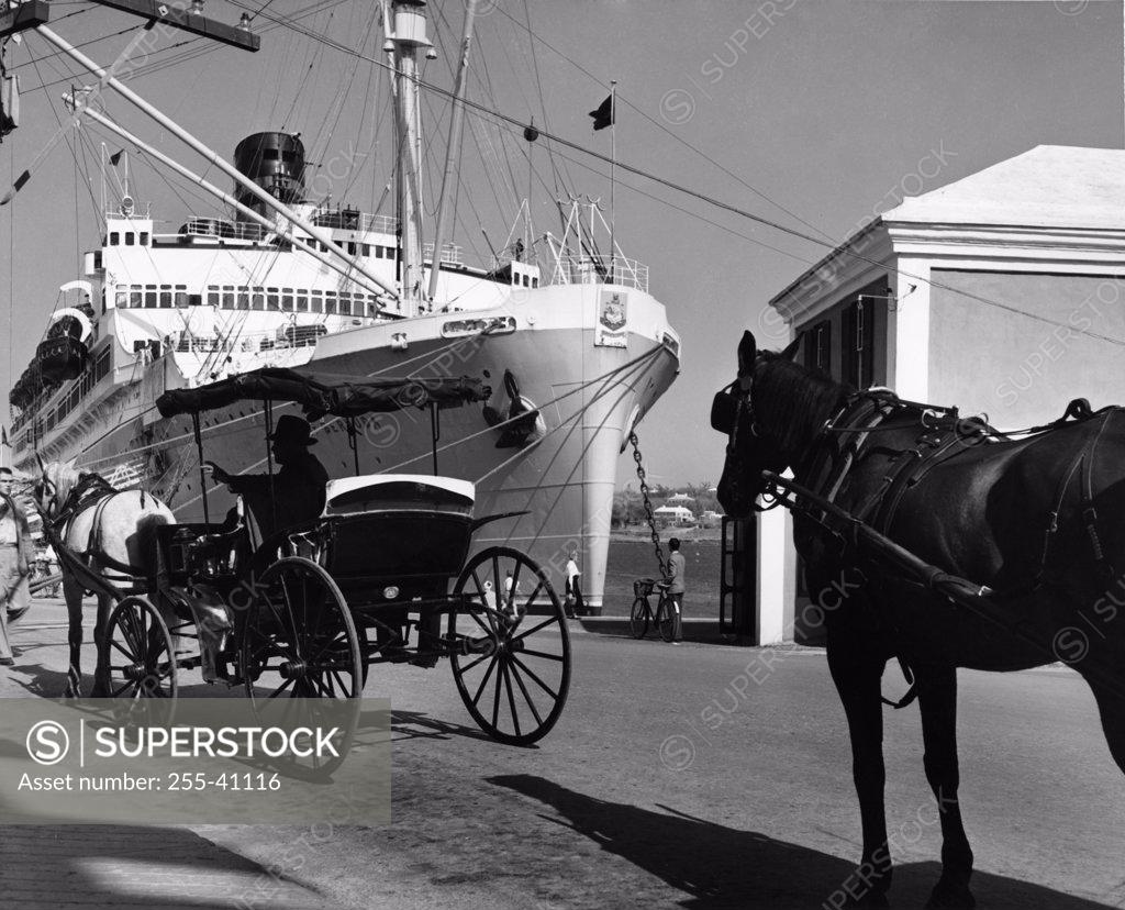 Stock Photo: 255-41116 Horse cart in front of a cruise ship, SS Queen of Bermuda
