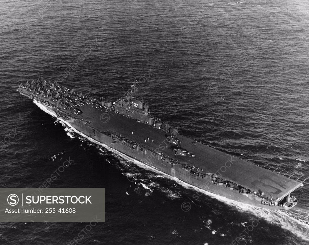 Stock Photo: 255-41608 High angle view of an aircraft carrier in the sea, USS Princeton (CV-37), Gulf of Paria