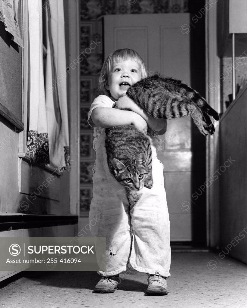 Stock Photo: 255-416094 Little boy holding cat