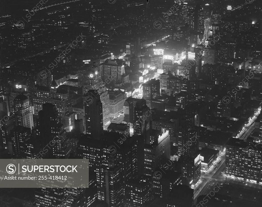 Stock Photo: 255-418412 USA, New York State, New York City, aerial view of Manhatttan at night