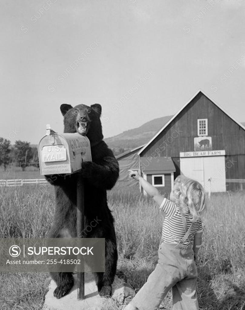 Stock Photo: 255-418502 Boy pointing on stuffed bear holding mail box in front of farm building