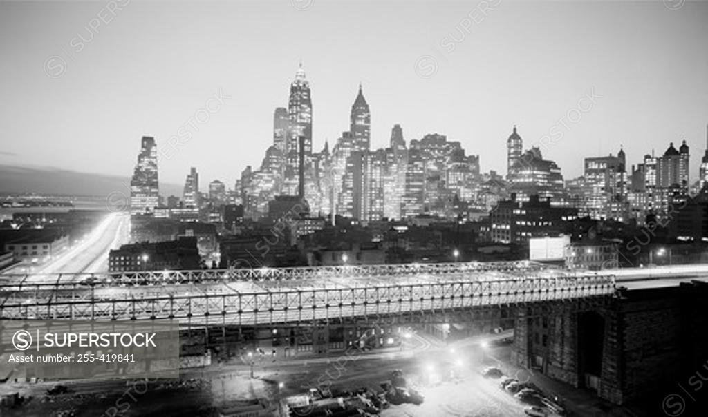Stock Photo: 255-419841 USA, New York State, New York City, Looking South over Brooklyn Bridge with Lower Manhattan skyline