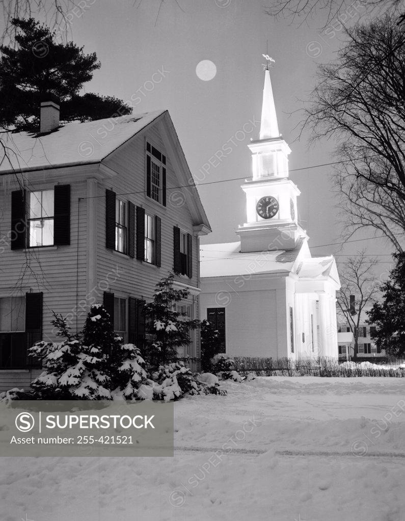 Stock Photo: 255-421521 USA, Vermont, Manchester, Congregational Church, night scene with moon