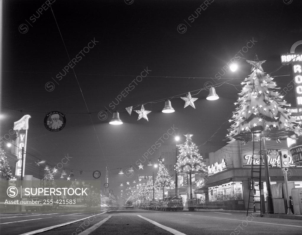 Stock Photo: 255-421583 USA, California, Los Angeles, Hollywood, Hollywood Boulevard at night looking East showing Christmas lights