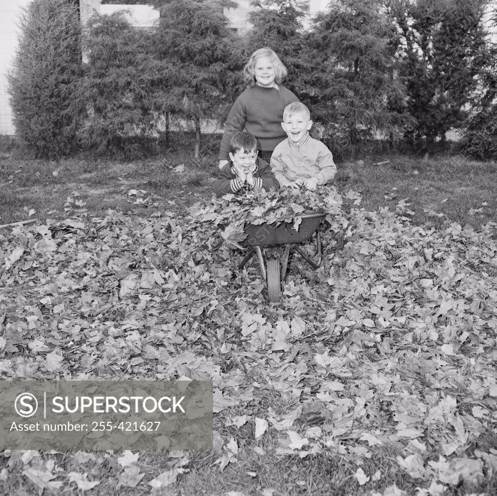 Stock Photo: 255-421627 Sister carrying her younger brothers in wheelbarrow and looking at camera