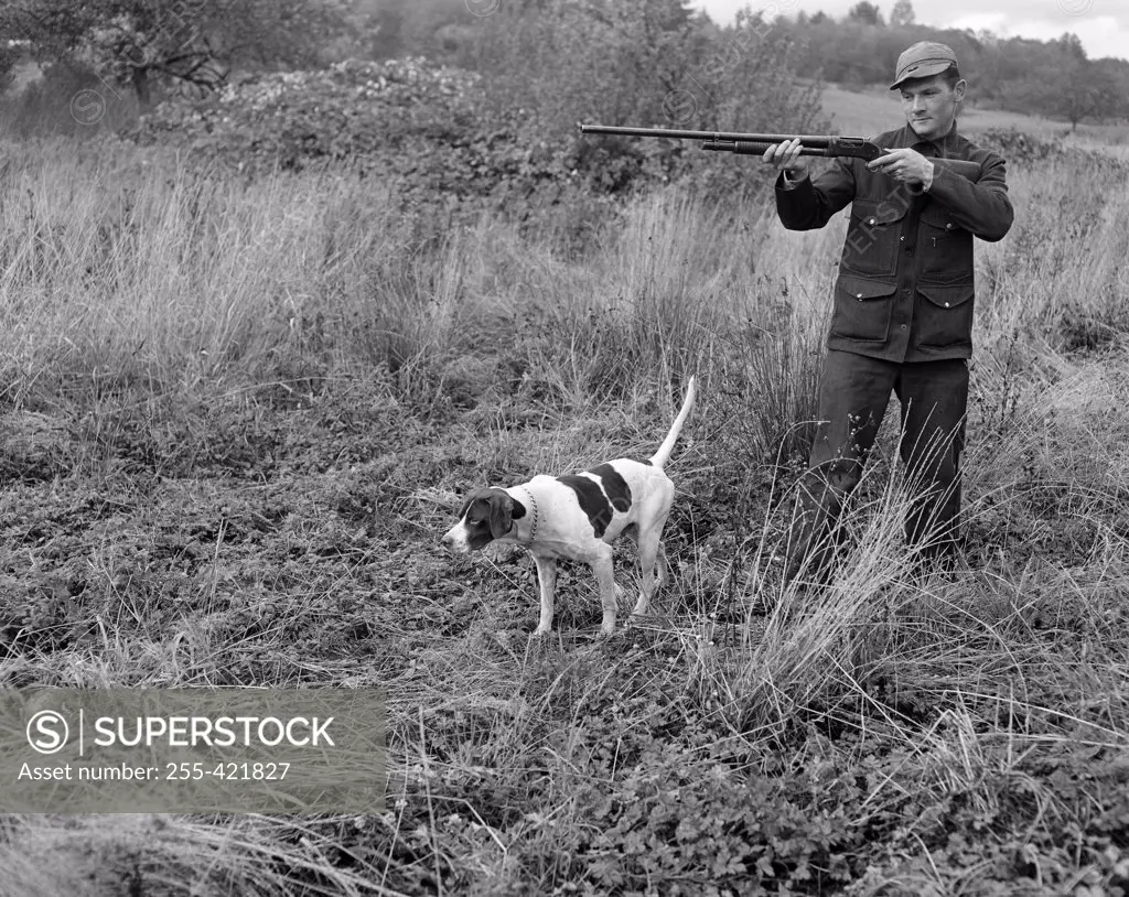 Man with hound hunting in fields