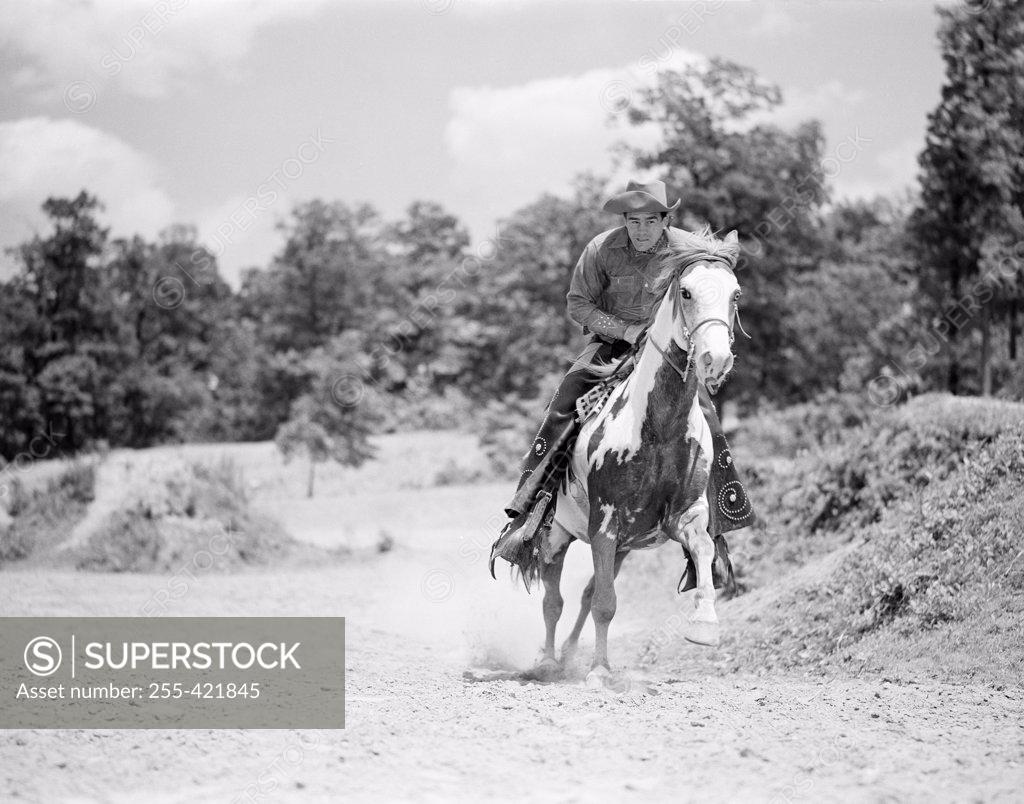 Stock Photo: 255-421845 Cowboy horseback riding