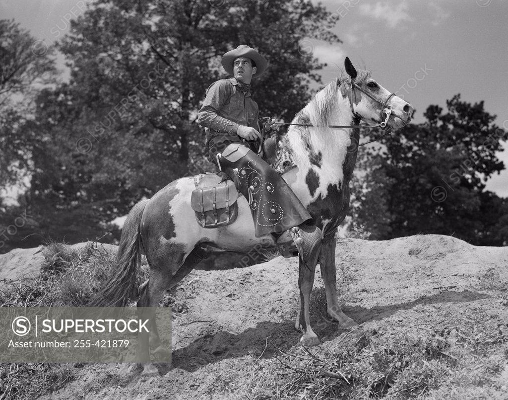 Stock Photo: 255-421879 Cowboy horseback riding