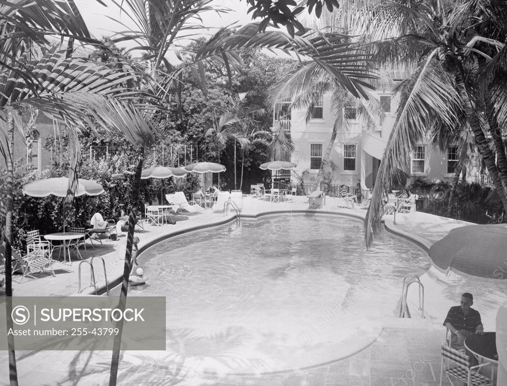 Stock Photo: 255-43799 High angle view of a tourist sitting near a swimming pool, Royal Victoria Hotel, Nassau, Bahamas