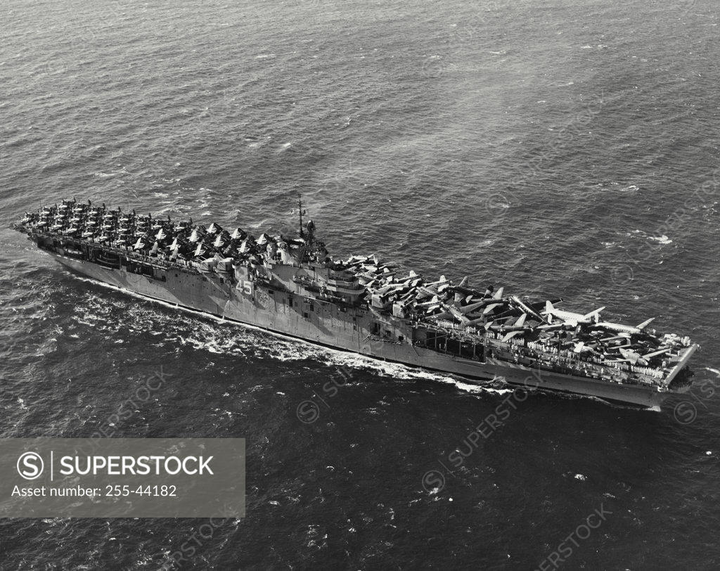 Stock Photo: 255-44182 High angle view of a military ship in the sea, USS Valley Forge (CV-45)