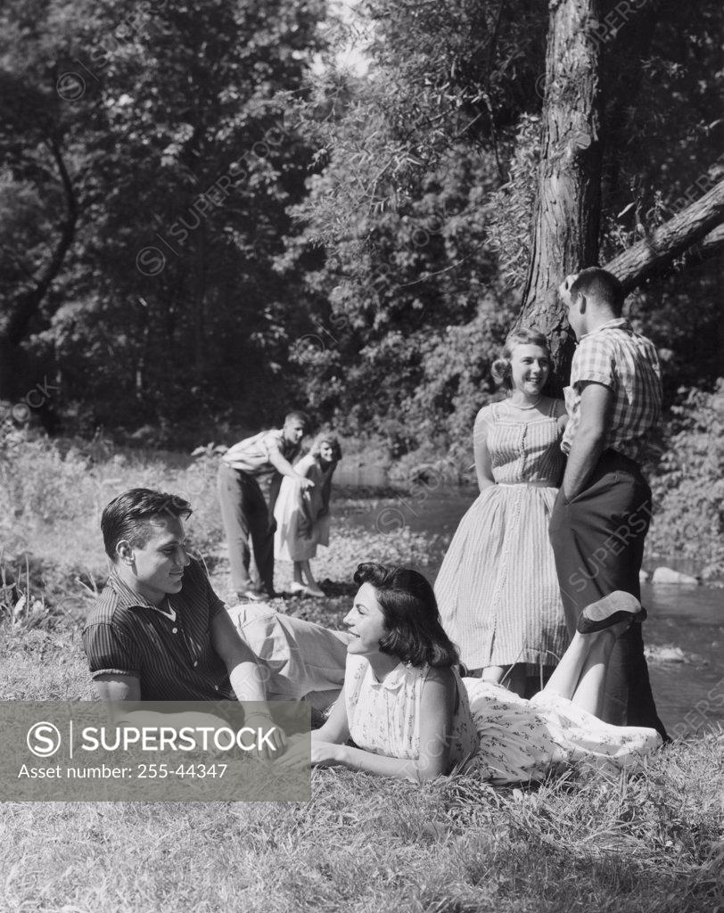Stock Photo: 255-44347 Three teenage couples on picnic