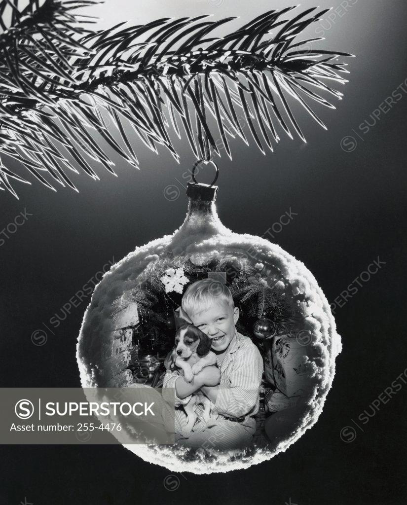 Stock Photo: 255-4476 Reflection of a boy with a puppy in a Christmas ornament