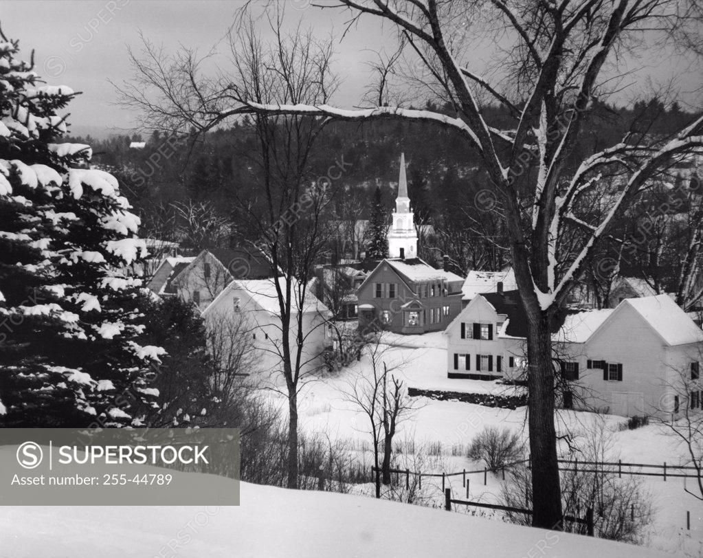 Stock Photo: 255-44789 High angle view of buildings covered with snow, Whitefield, New Hampshire, USA