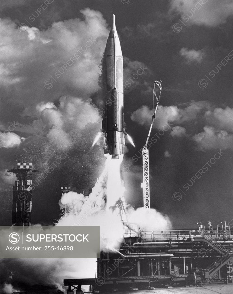 Stock Photo: 255-46898 Missile taking off from a launch pad, Atlas Missile, Cape Canaveral, Florida, USA