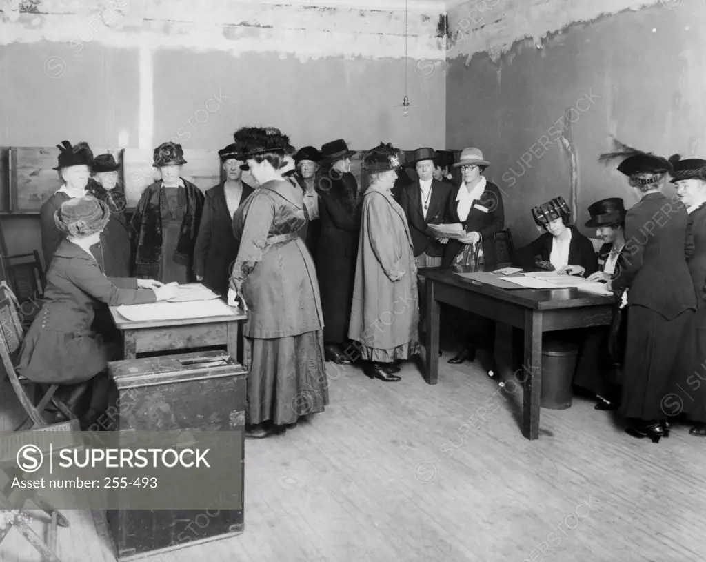 High angle view of a group of suffragettes in an office