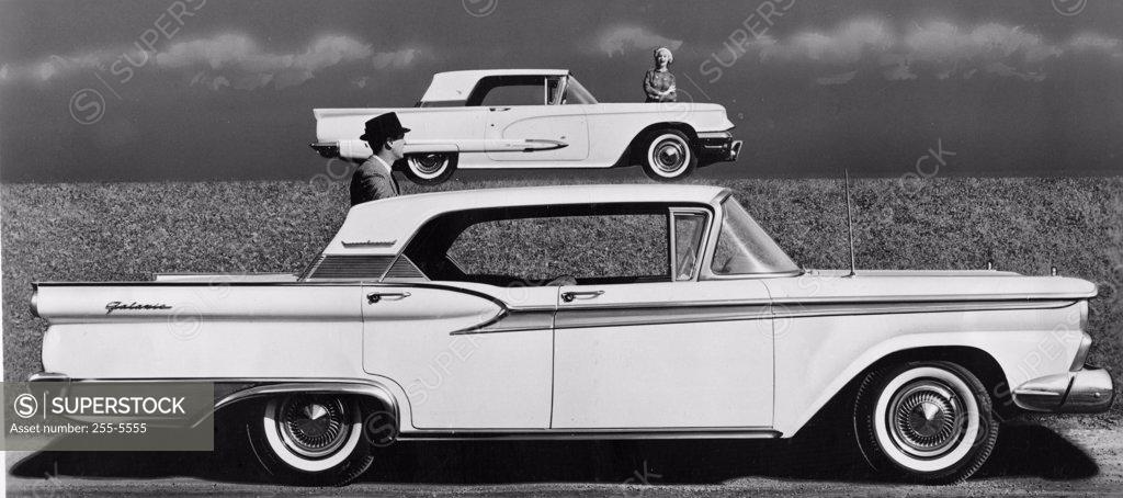 Stock Photo: 255-5555 Side profile of two cars, Galaxie Town Victoria, Ford Thunderbird, 1959
