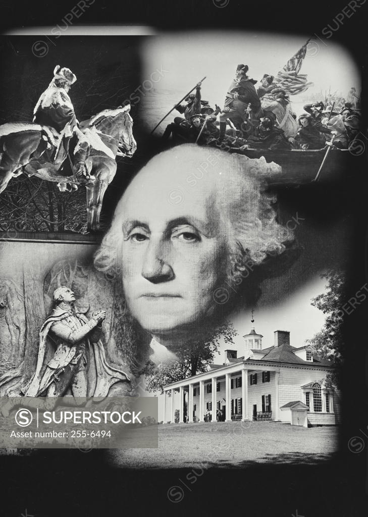 Stock Photo: 255-6494 George Washington's face superimposed over a montage of pictures depicting American history, USA