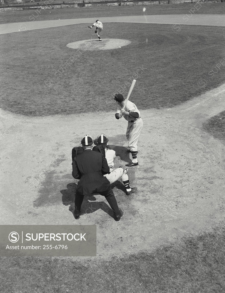 Stock Photo: 255-6796 High angle view of baseball players on a baseball field