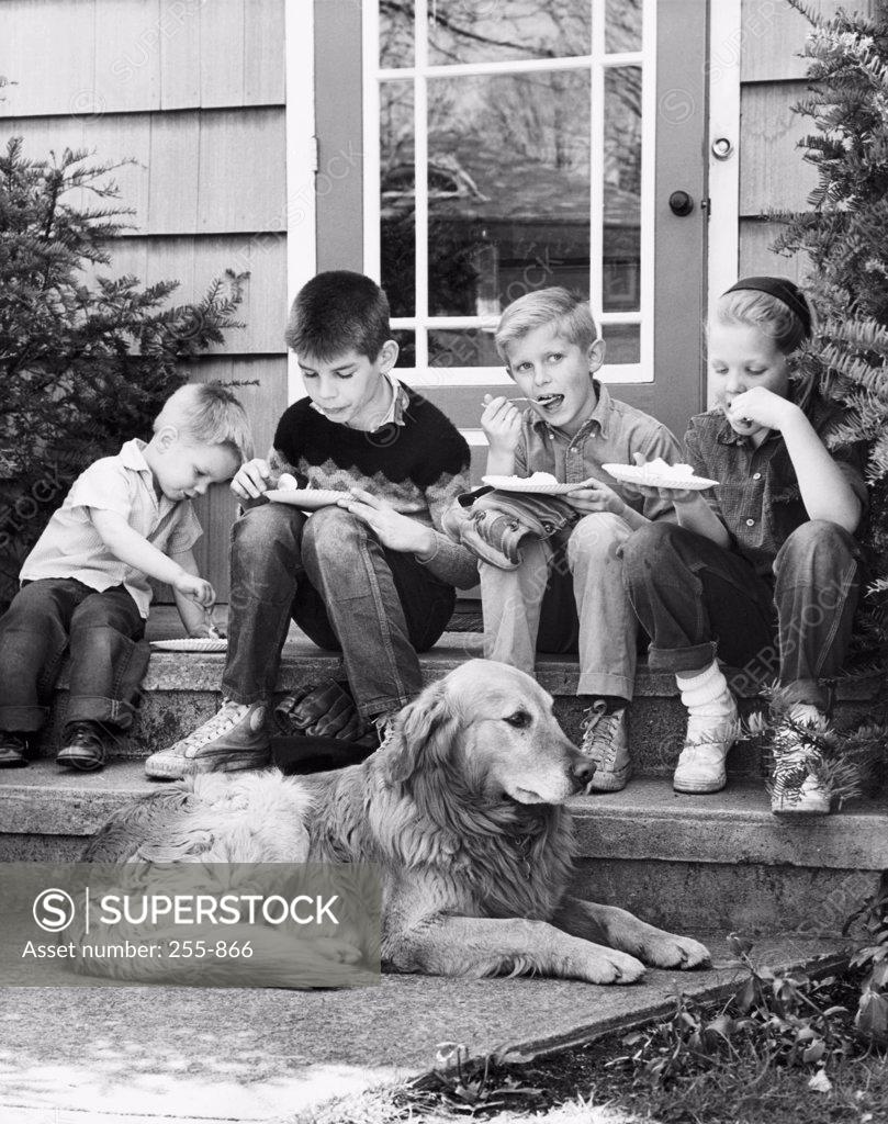 Stock Photo: 255-866 Four boys eating ice cream and a dog sitting in front of them