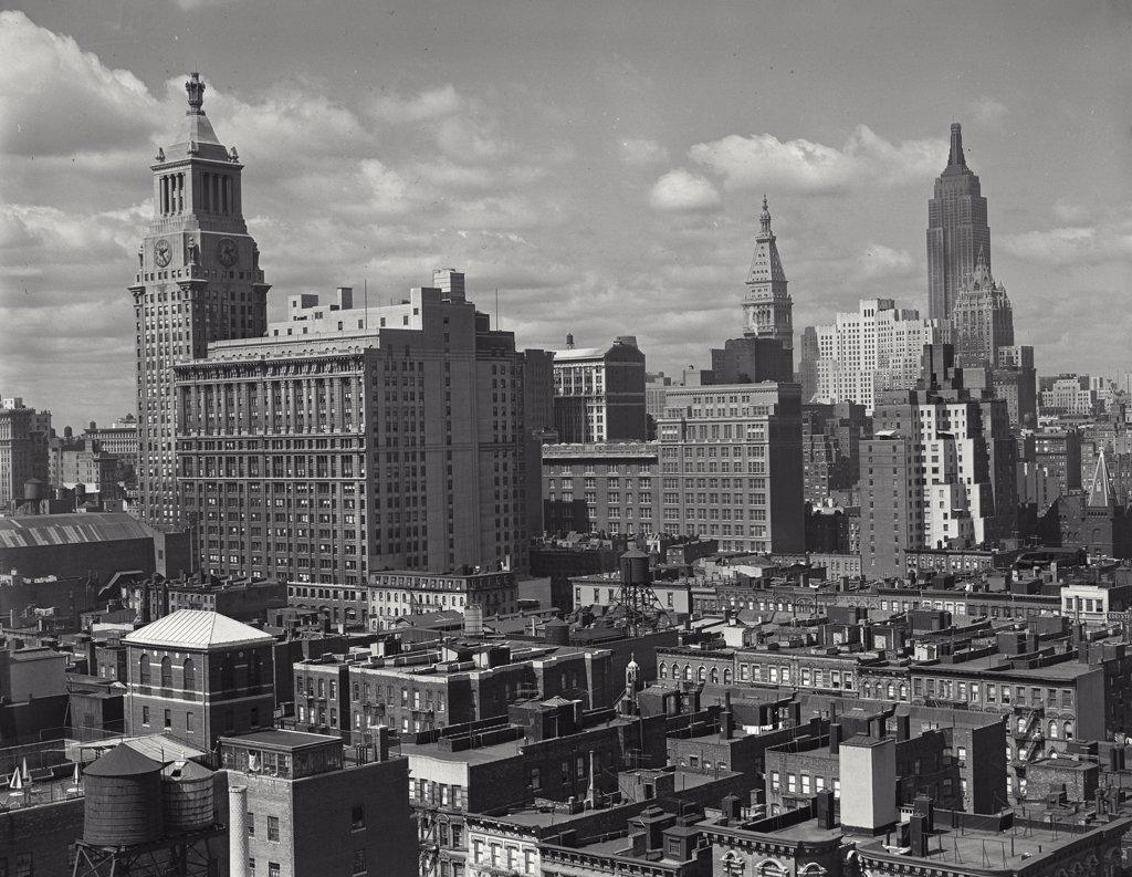 Looking northwest toward Mid Town skyline from the vicinity of East 14th Street, showing Consolidated Edison Building on the left
