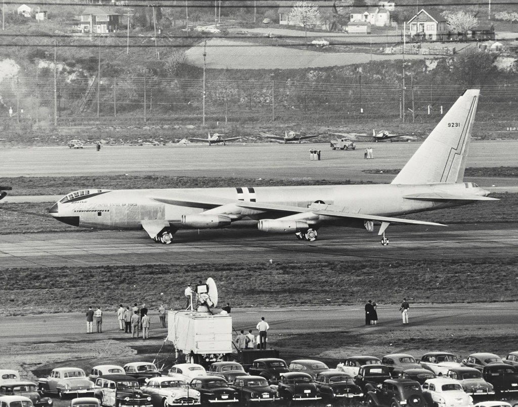 The Boeing YB-52 Stratofortress just after touching down at Boeing Field, Seattle, Washington