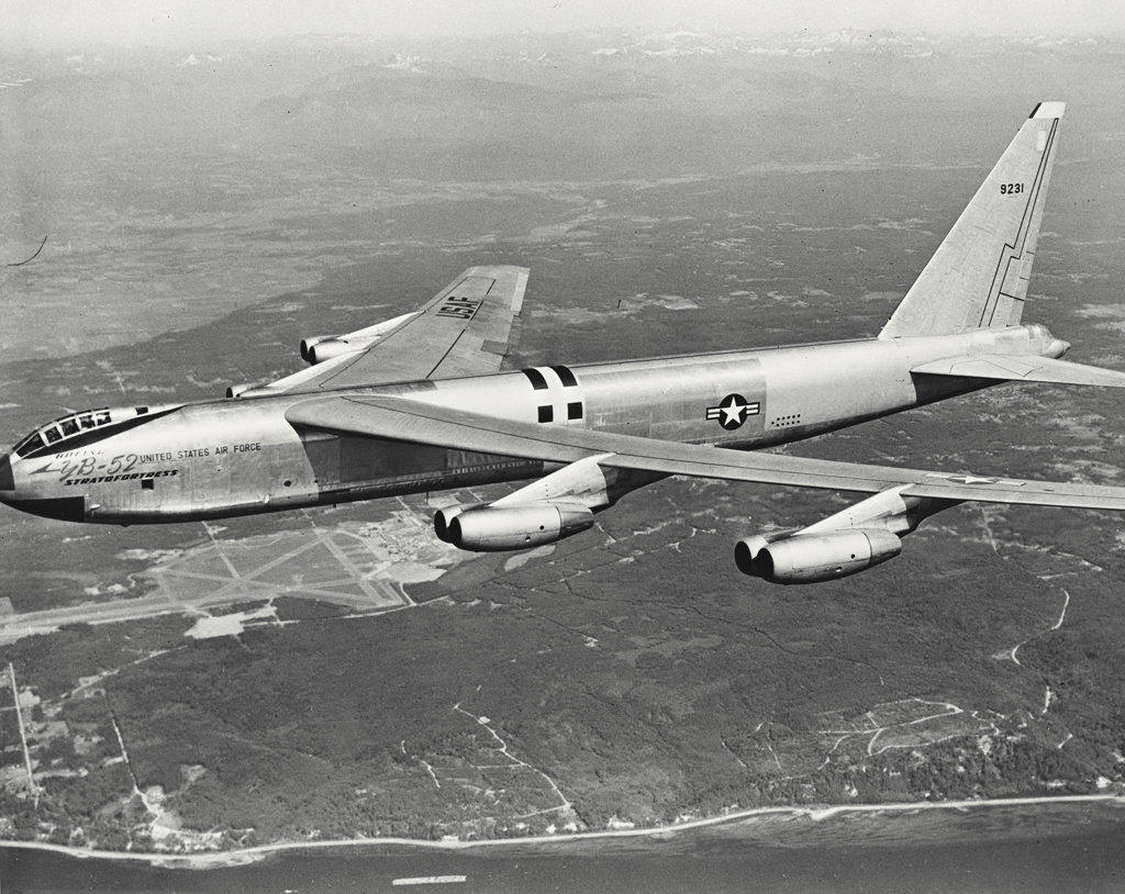 The Boeing YB-52 Stratofortress in flight, Wing span is 185 feet, length is 153 feet