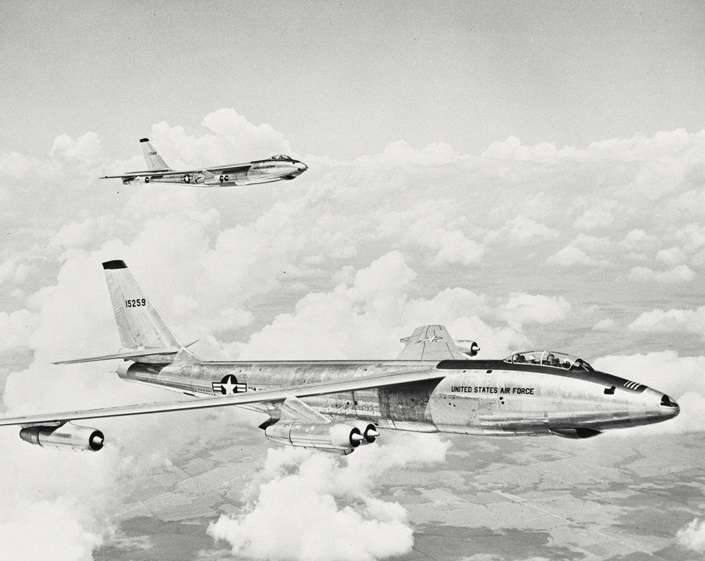 Boeing RB 47E in the foreground, and Boeing medium bomber B47E, both versions of the 100 ton, 600 mph Boeing stratojet
