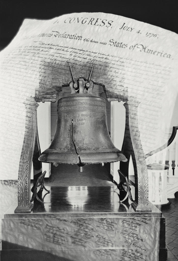 Photo illustration of Liberty Bell in front of Declaration of Independence