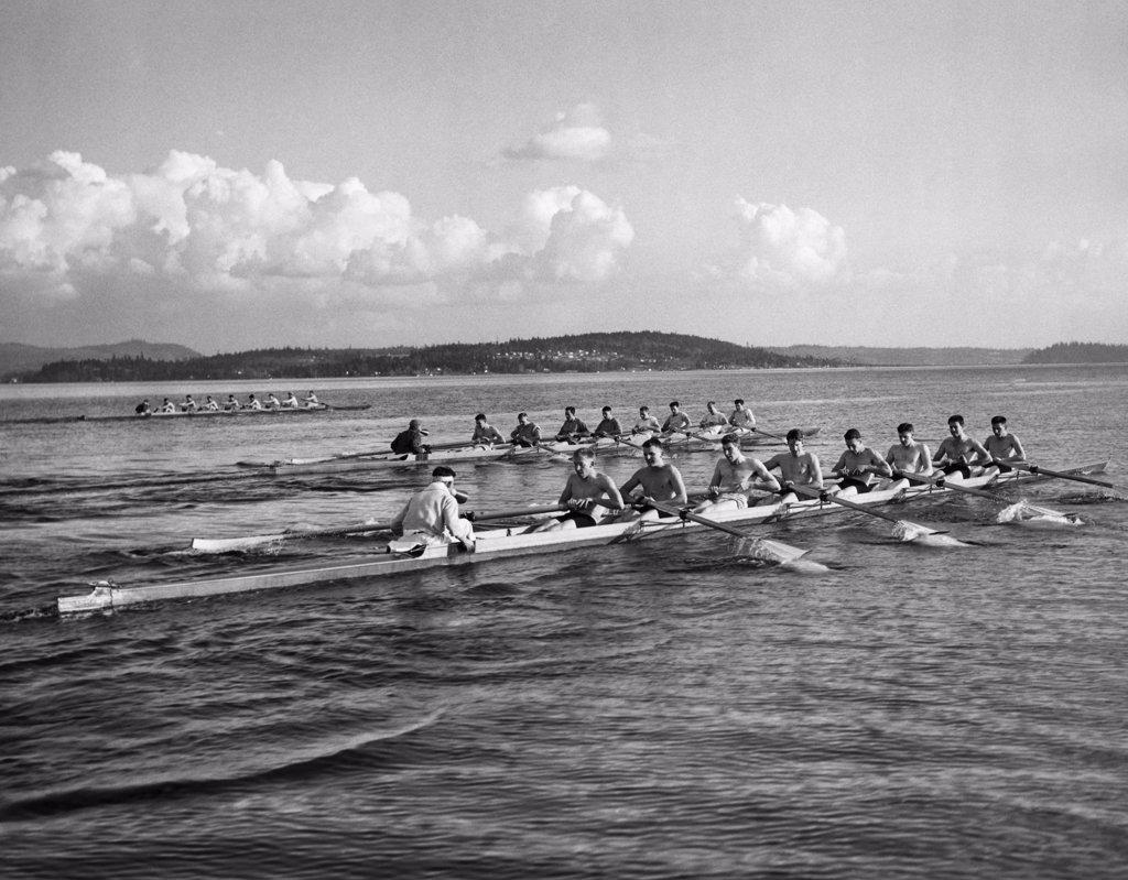 Group of people rowing rowboats in a sweep rowing race, Lake Washington, Washington, USA