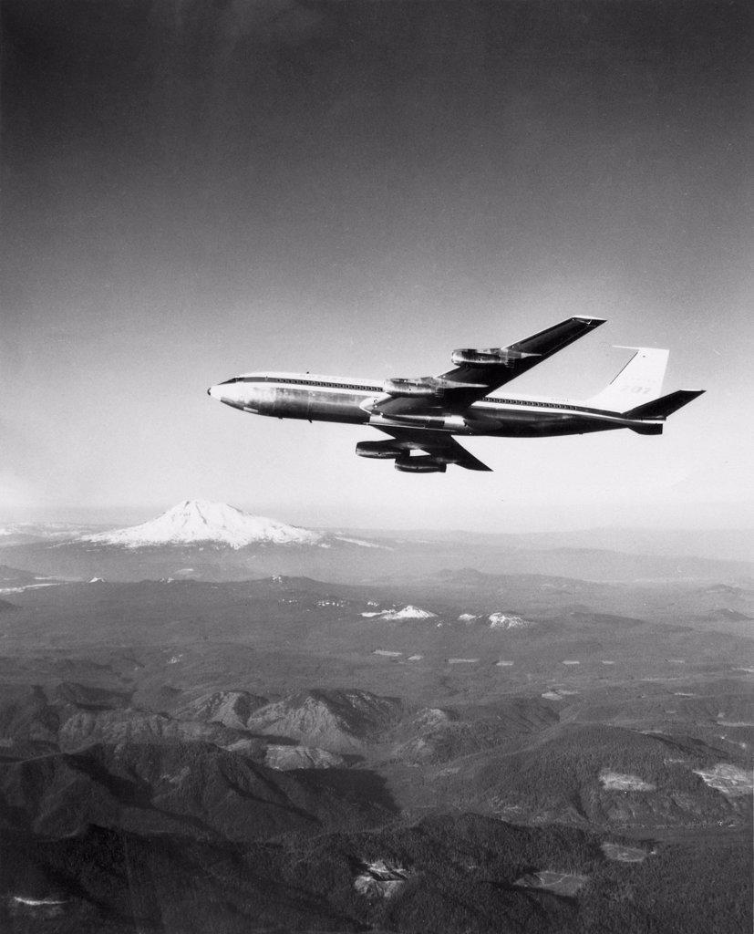 Low angle view of an airplane in flight, Boeing 707