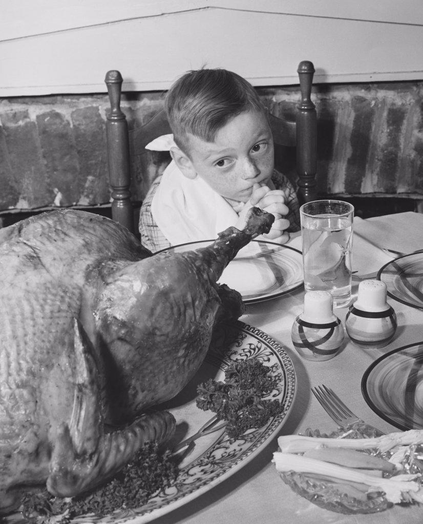 High angle view of a boy looking at a roasted turkey