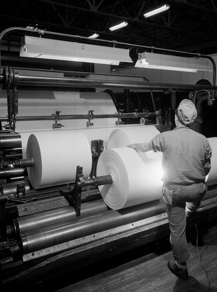Rear view of a man working in a paper mill