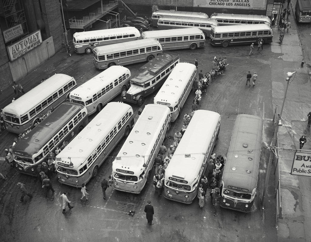High angle view of buses parked in a bus station, New York City, New York State, USA