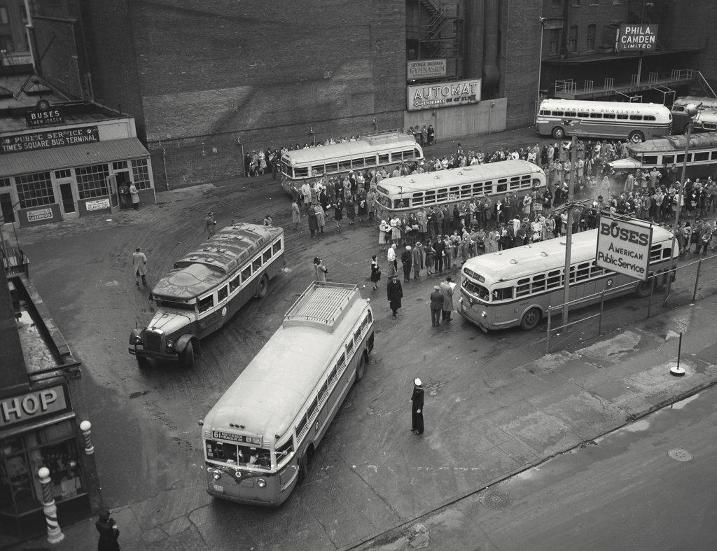 High angle view of buses parked in a bus station, New York City, New York, USA