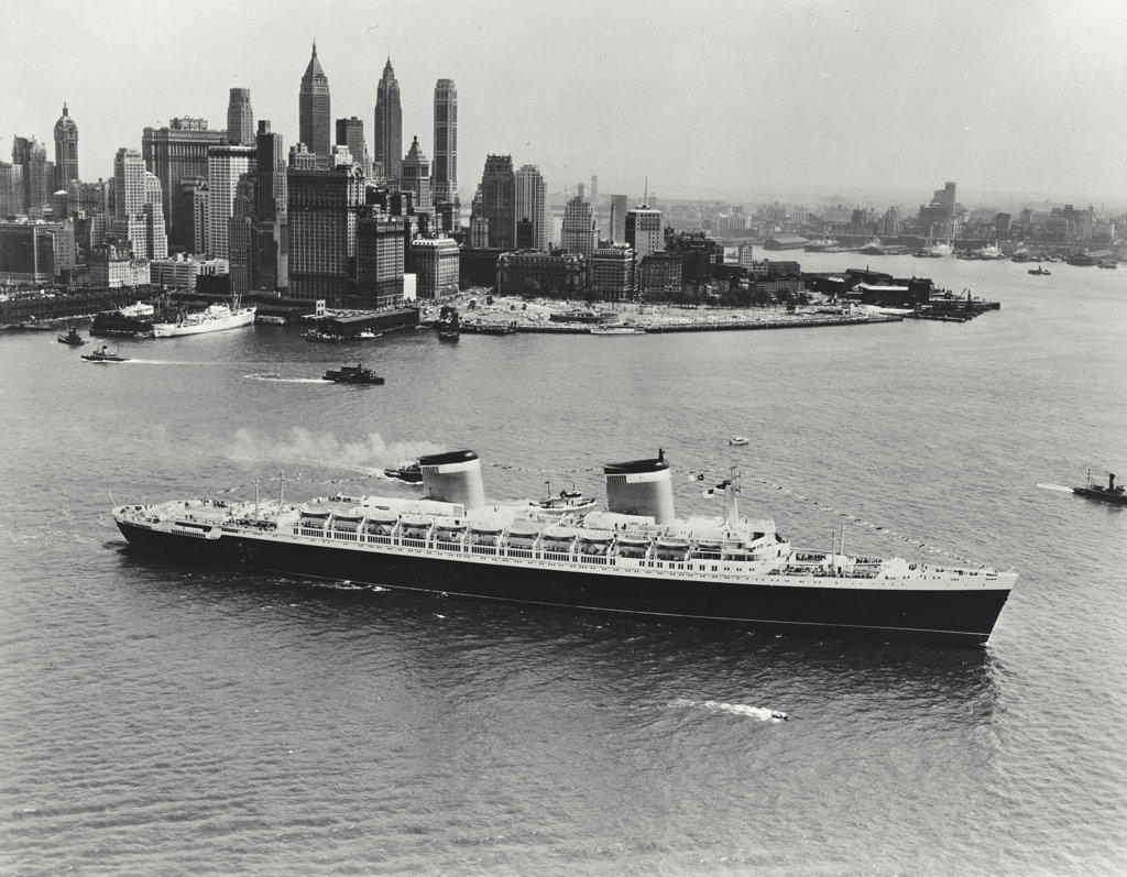 USA, New York State, New York City, High angle view of cruise ship in sea
