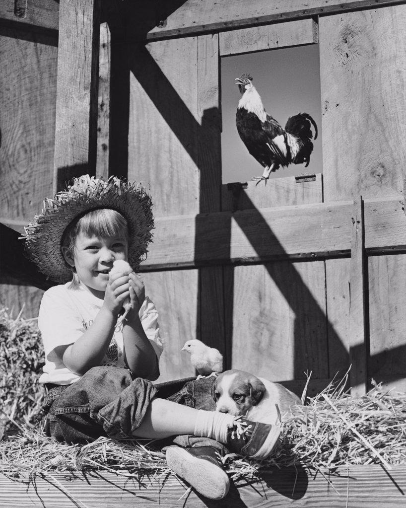 Girl sitting on a heap of hay and holding a chick
