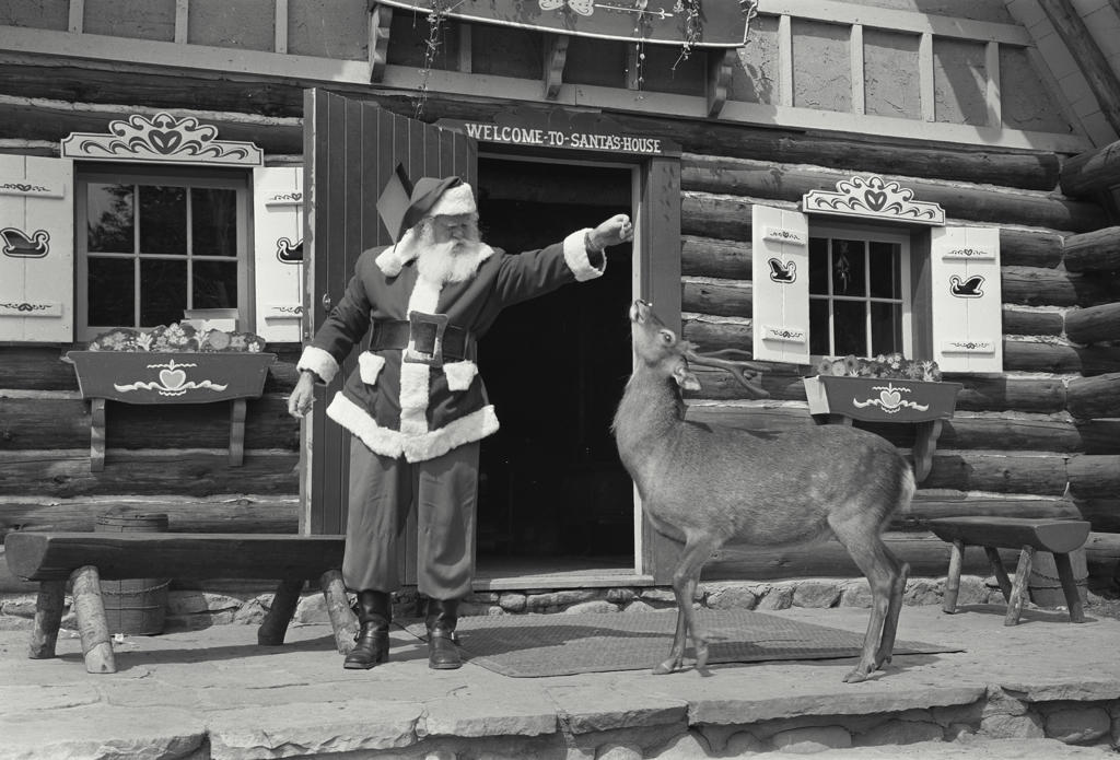 Santa Claus feeding a reindeer