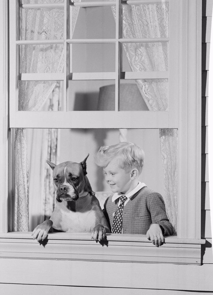 Boy and his dog looking through window