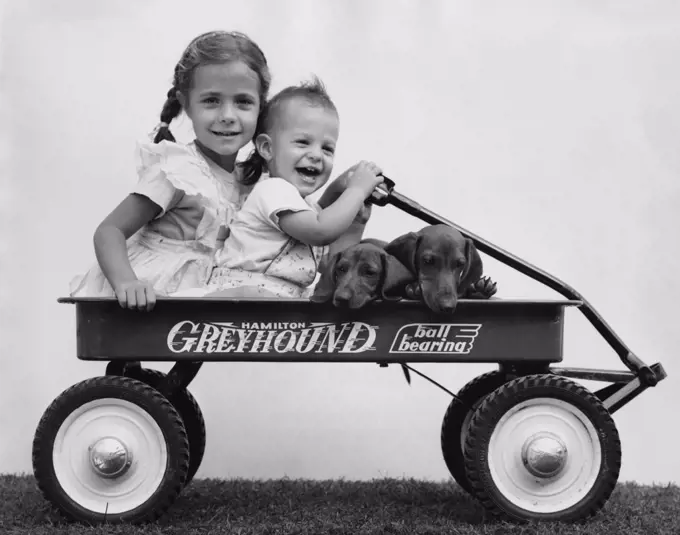 Children riding in a toy wagon with two puppies