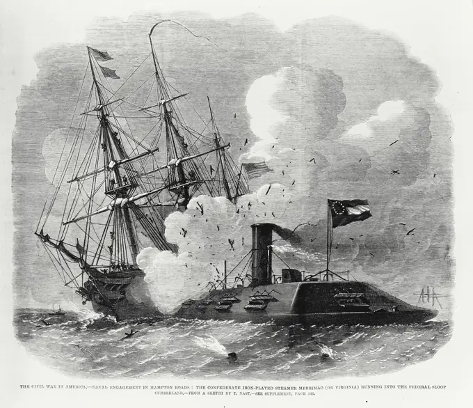 Vintage Photograph. Naval Engagement in Civil War March 8, 1862 The "Merrimac" Ramming the Federal Sloop "Cumberland" American History