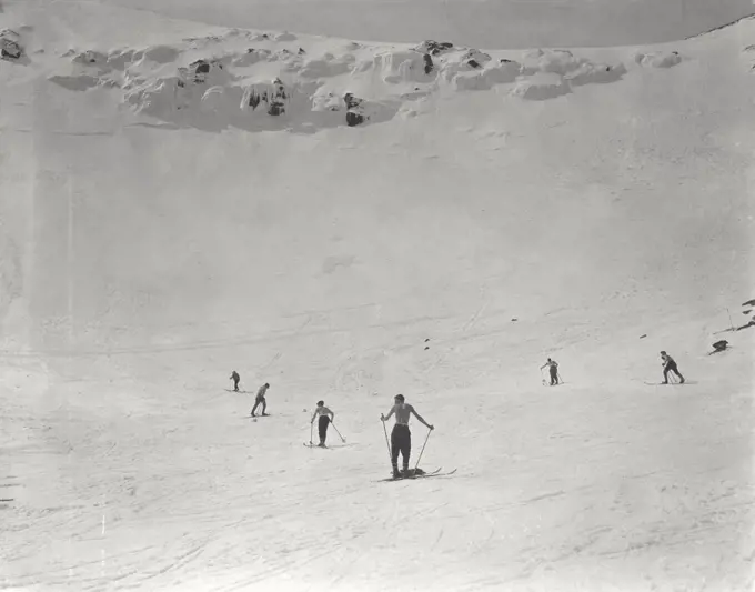 Vintage photograph. Spring skiers, April, Tuckerman Ravine. Mt. Washington, New Hampshire