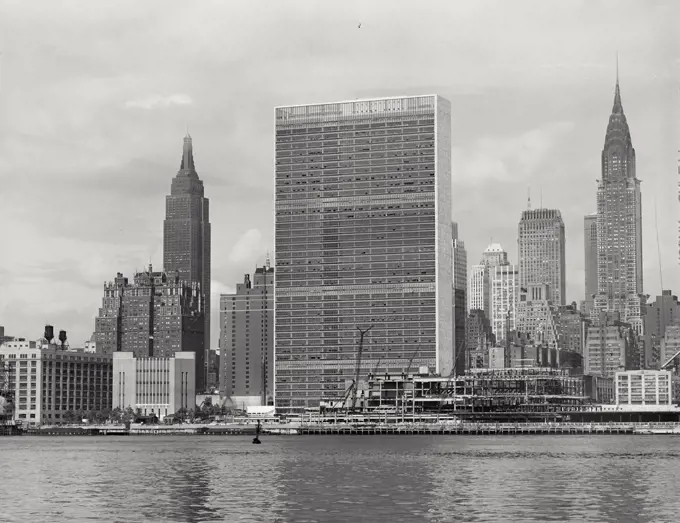 Vintage photograph. United Nations Building viewed from across the East River, New York City