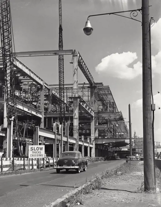 Vintage photograph. Construction near the United Nations Building on the East River shore