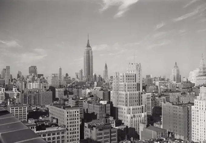 Vintage photograph. Mid Town skyline of Manhattan with Empire State Building, New York City