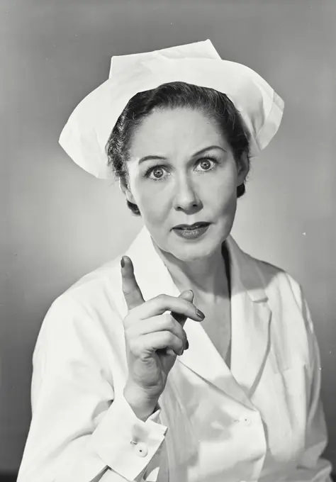 Vintage photograph. Brunette woman wearing nurse uniform with stern expression and finger pointed up