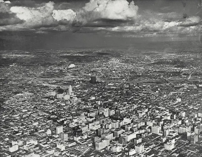 Vintage photograph. Aerial view of Los Angeles, looking Northeast
