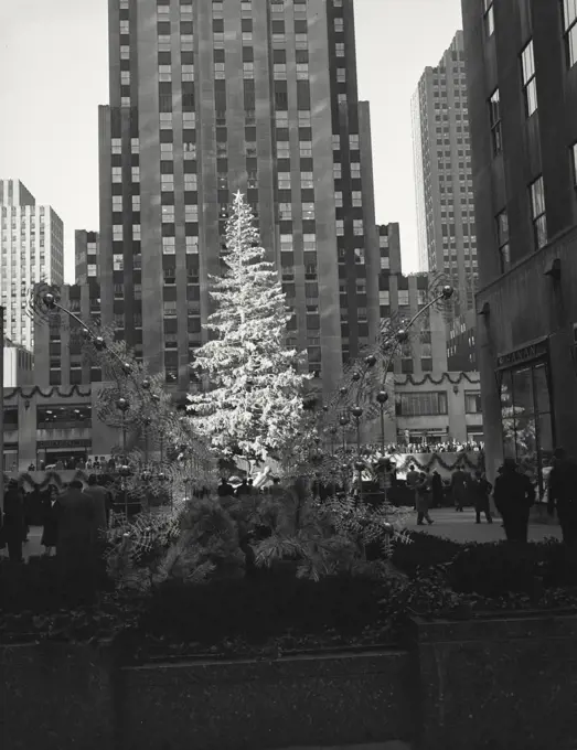 Vintage photograph. Christmas tree scene in plaza. Rockefeller Center