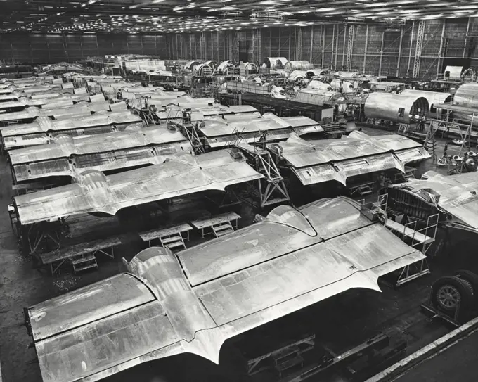Vintage photograph. Wing line at the Boeing Aircraft Company where C-97 Stratofighters are in production